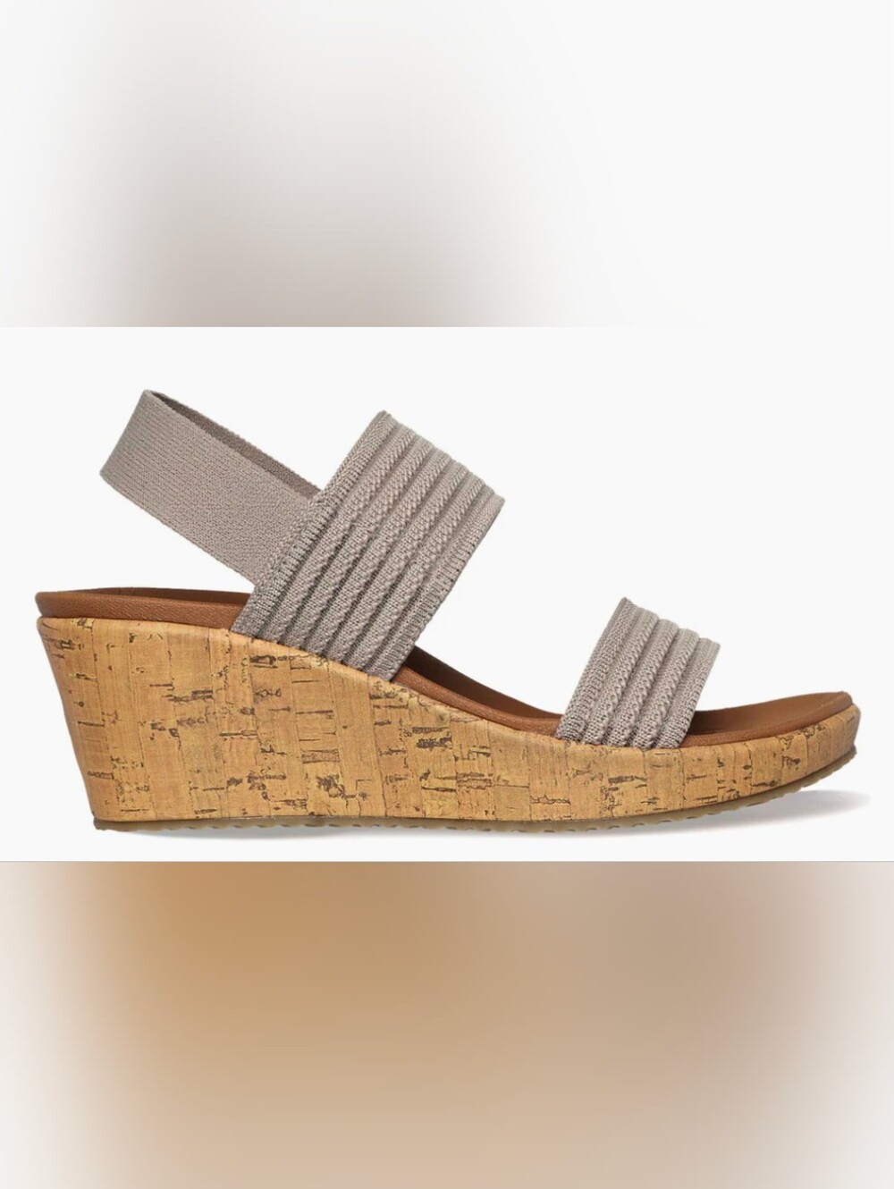Skechers Cali Beverlee Sheer Luck Sandal Taupe Elastic Strap Cork Wedge 7 New